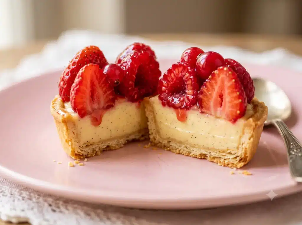 Tartelette aux fruits rouges coupée en deux montrant la couche de pâte, la crème vanillée et les fruits frais.