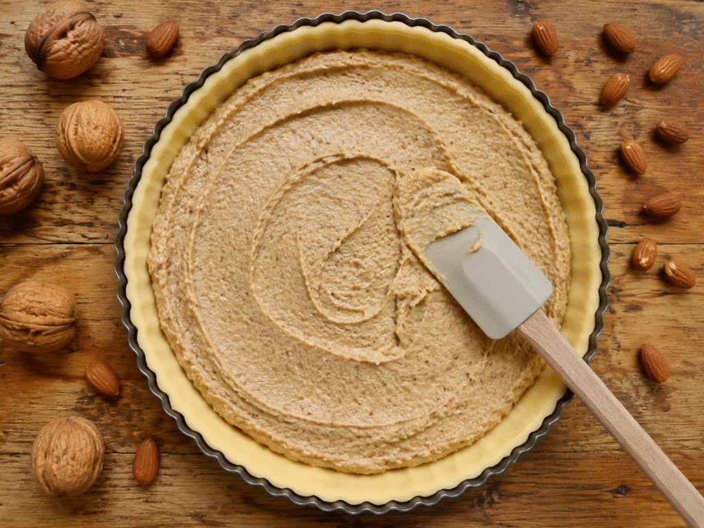 Une spatule lissant de la crème d'amande et de noix sur un fond de pâte crue dans un moule à tarte.