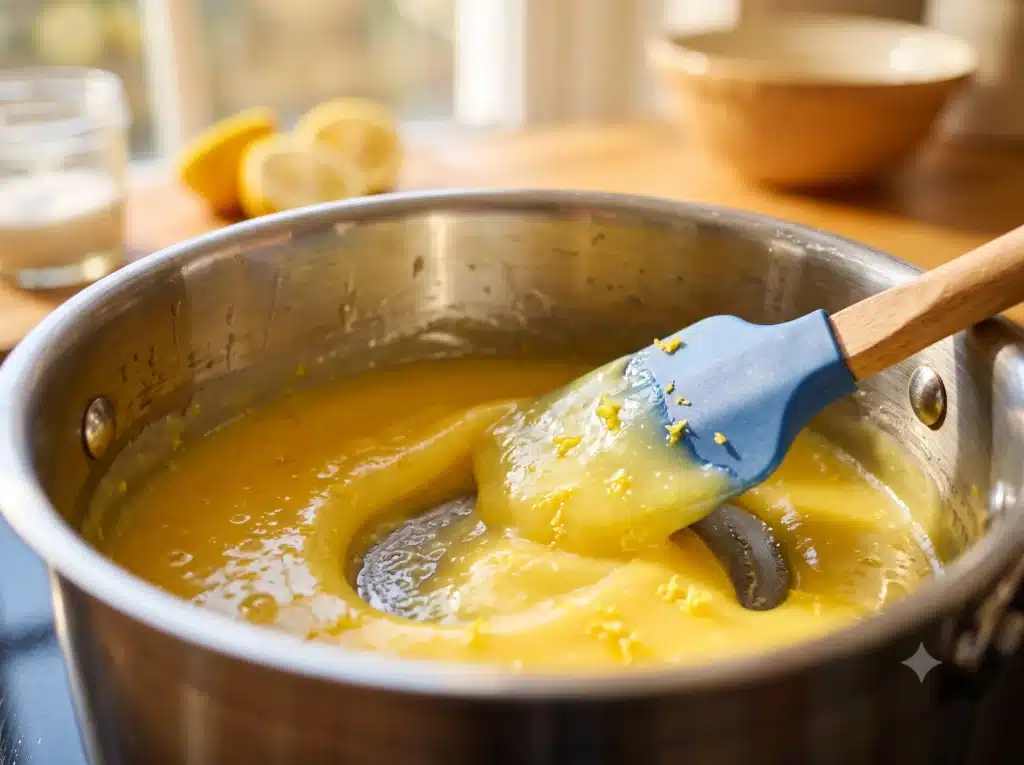 Un crémeux au citron lisse, jaune vif et brillant en train d'épaissir dans une casserole, remué avec une spatule.