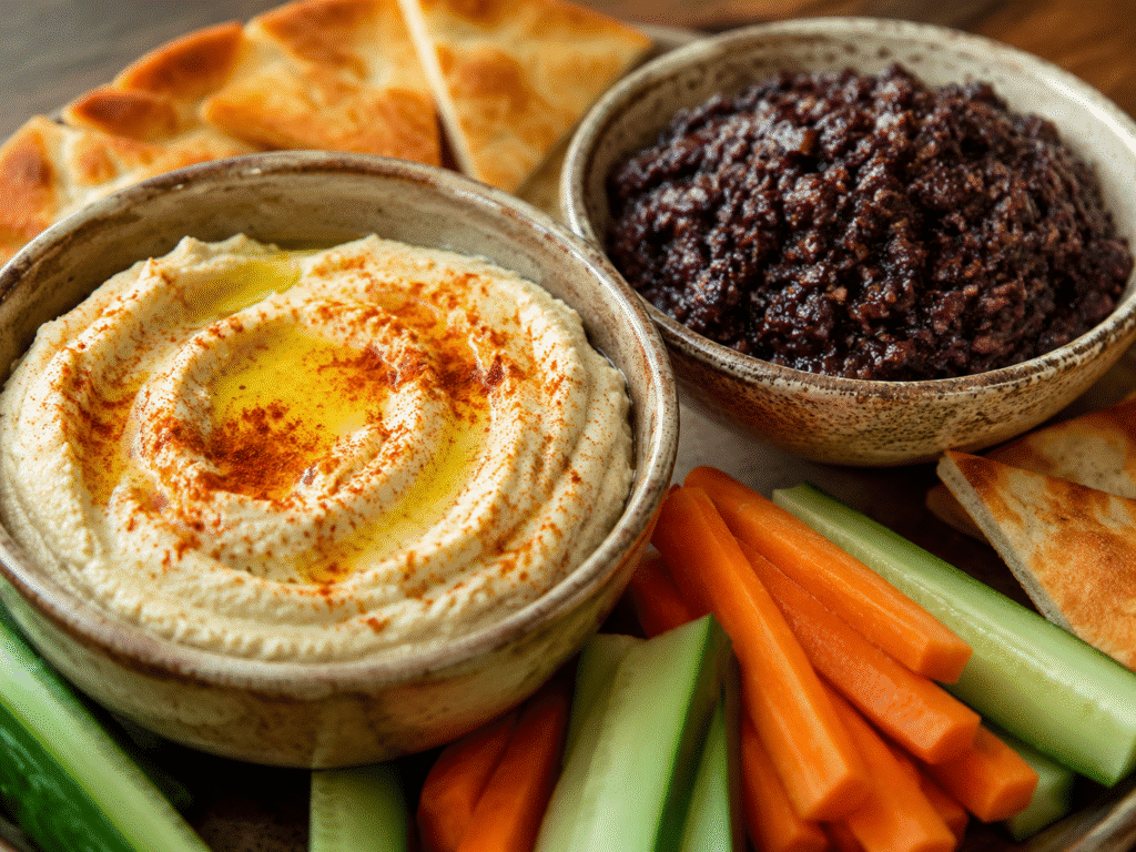 Gros plan sur des bols de houmous et de tapenade entourés de bâtonnets de légumes frais et de pain pita.