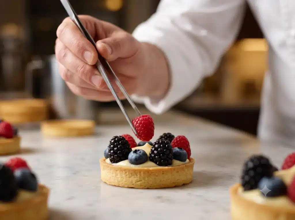 Utilisation d'une pince de chef pour déposer délicatement une framboise sur une tartelette.
