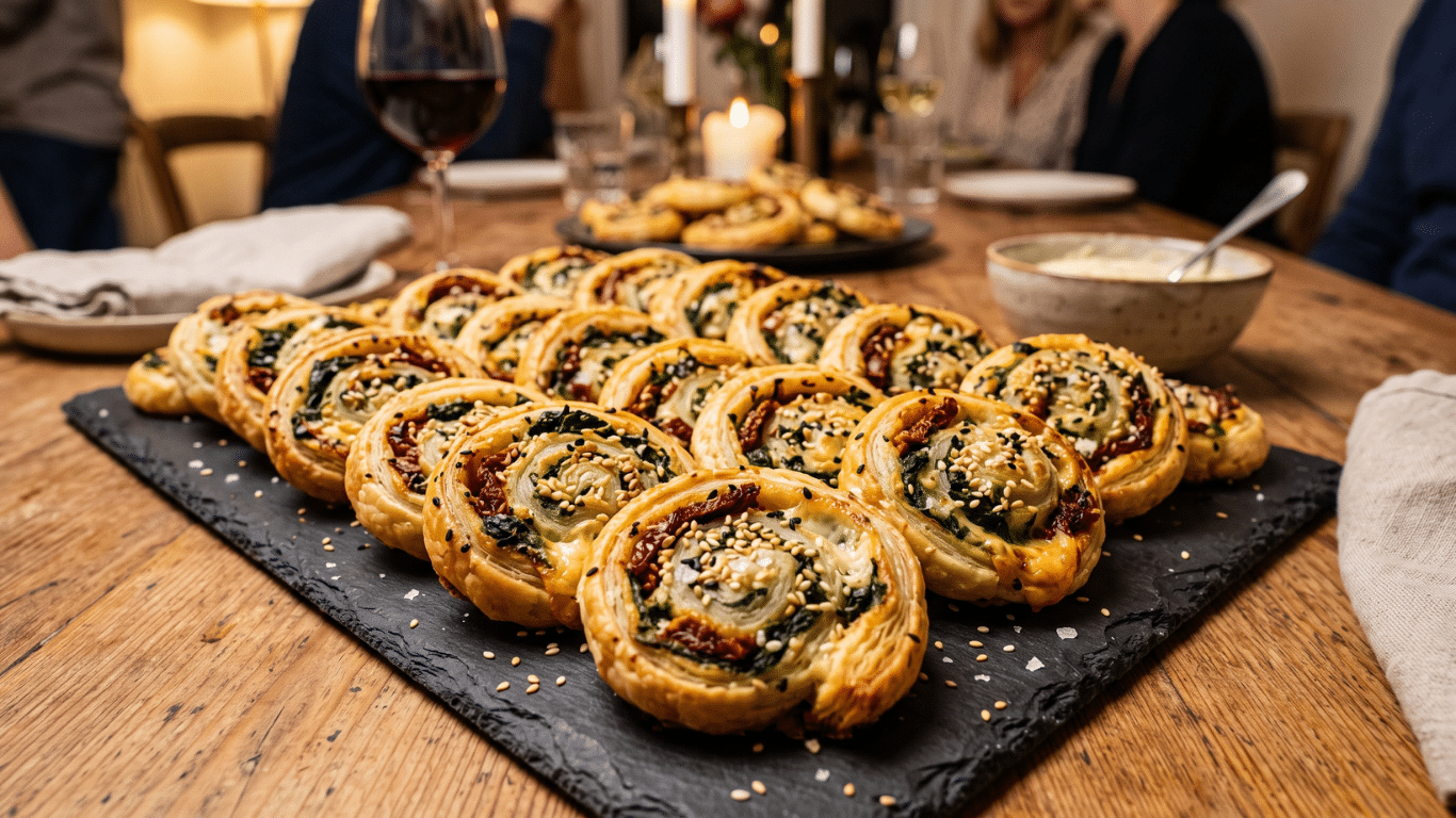 Ardoise de présentation avec des feuilletés apéritifs roulés en forme d'escargots, garnis de légumes verts et bien dorés.