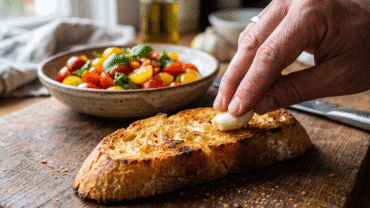 Gros plan sur une gousse d'ail crue frottée sur une tranche de pain baguette dorée et croustillante.