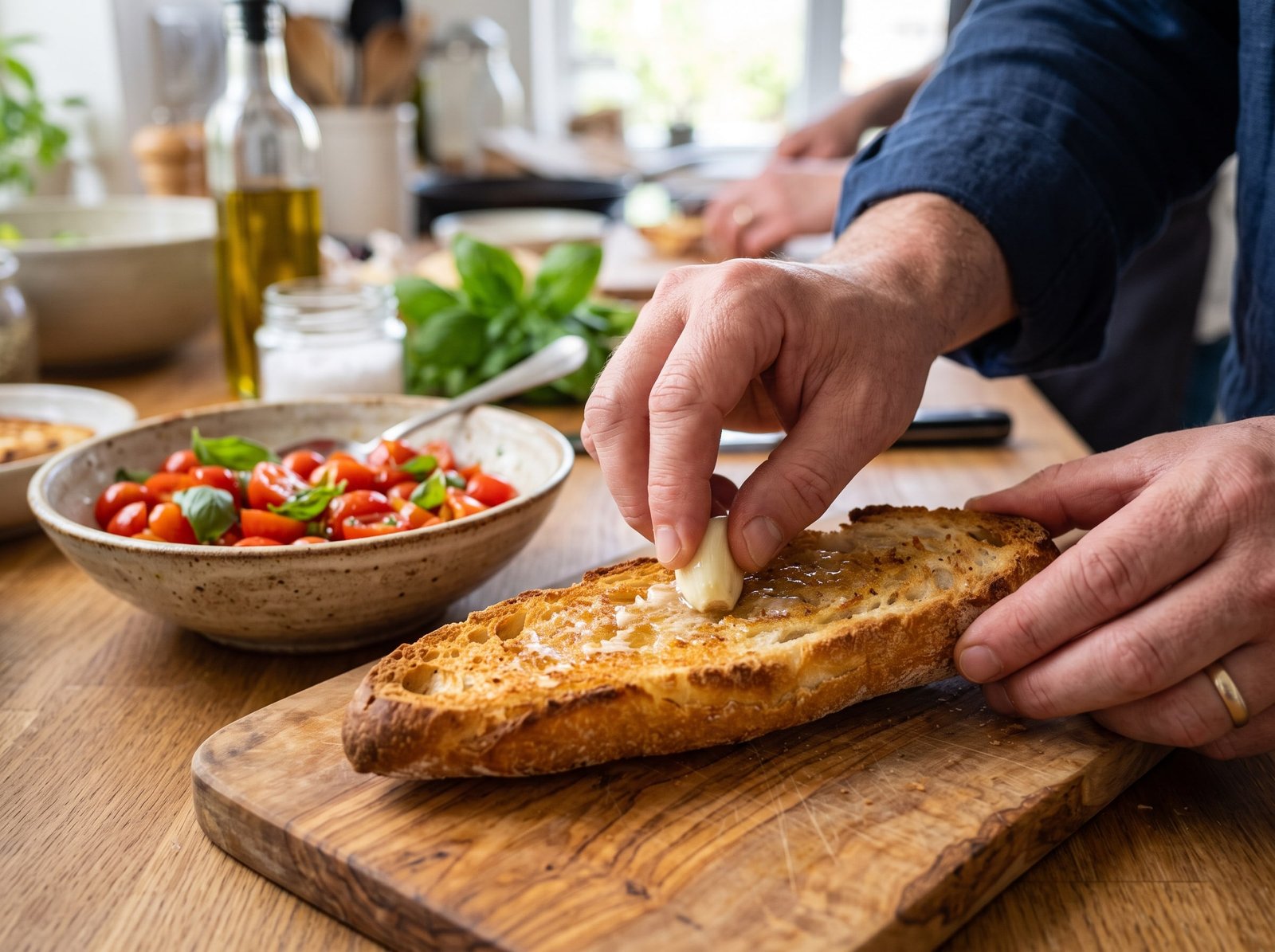 Gros plan sur une gousse d'ail crue frottée sur une tranche de pain baguette dorée et croustillante.