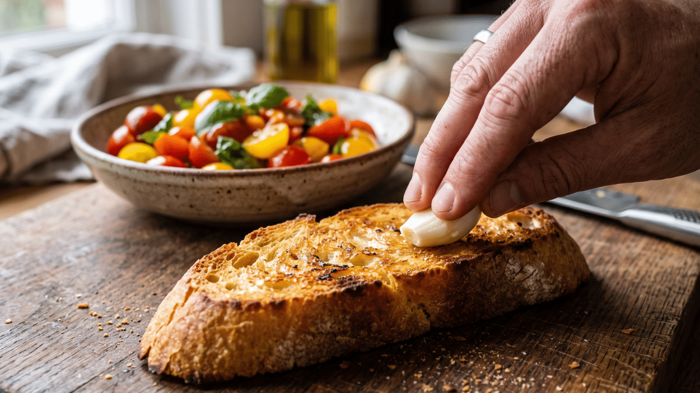Gros plan sur une gousse d'ail crue frottée sur une tranche de pain baguette dorée et croustillante.