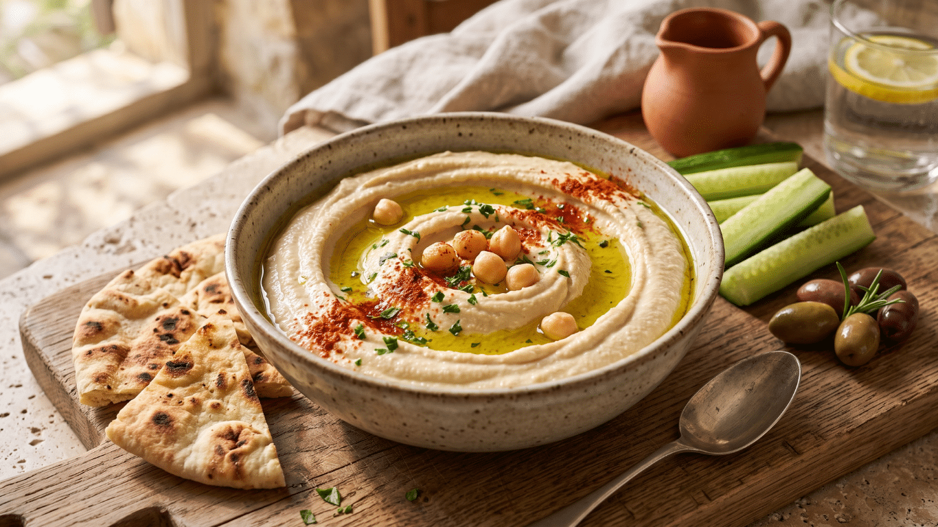 Bol en céramique rempli d'un houmous très crémeux garni d'huile d'olive et de paprika, entouré de pain pita et de bâtonnets de légumes.
