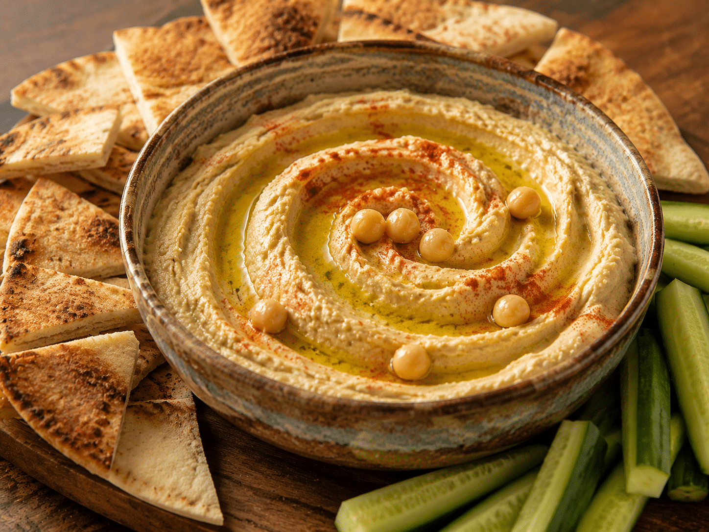 Bol en céramique rempli d'un houmous très crémeux garni d'huile d'olive et de paprika, entouré de pain pita et de bâtonnets de légumes.