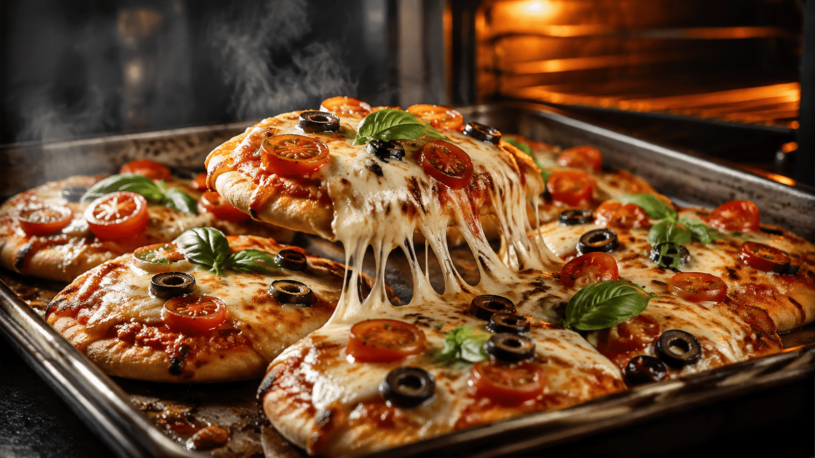 Plaque de cuisson sortant du four garnie de petites pizzas colorées sur pain pita avec du fromage fondu, des tomates cerises et des olives.