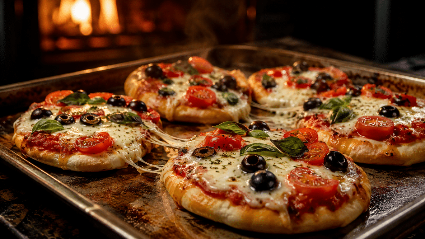 Plaque de cuisson sortant du four garnie de petites pizzas colorées sur pain pita avec du fromage fondu, des tomates cerises et des olives.