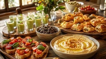 Une grande table en bois garnie de multiples amuse-bouches végétariens colorés, incluant du houmous, des crostinis et des verrines.