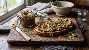 Tartinade rustique de lentilles façon rillettes étalée généreusement sur une tranche de pain au levain grillé avec du thym frais.