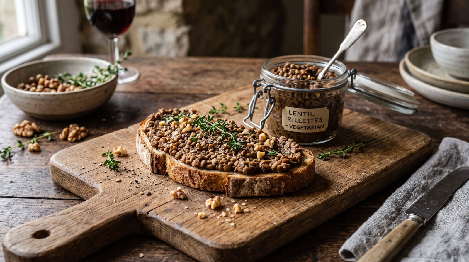 Tartinade rustique de lentilles façon rillettes étalée généreusement sur une tranche de pain au levain grillé avec du thym frais. 2. Image 2 : La Texture au Mixeur (Dans l'article)