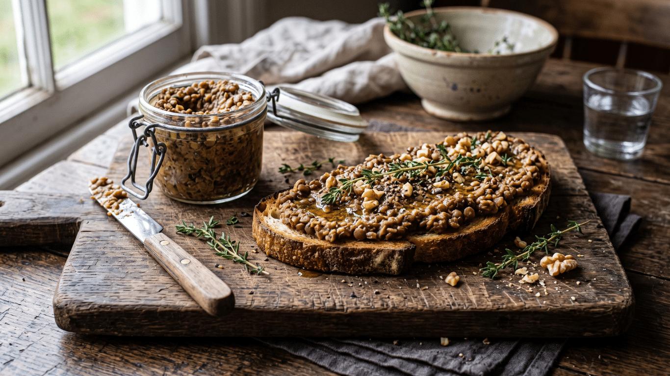 Tartinade rustique de lentilles façon rillettes étalée généreusement sur une tranche de pain au levain grillé avec du thym frais.