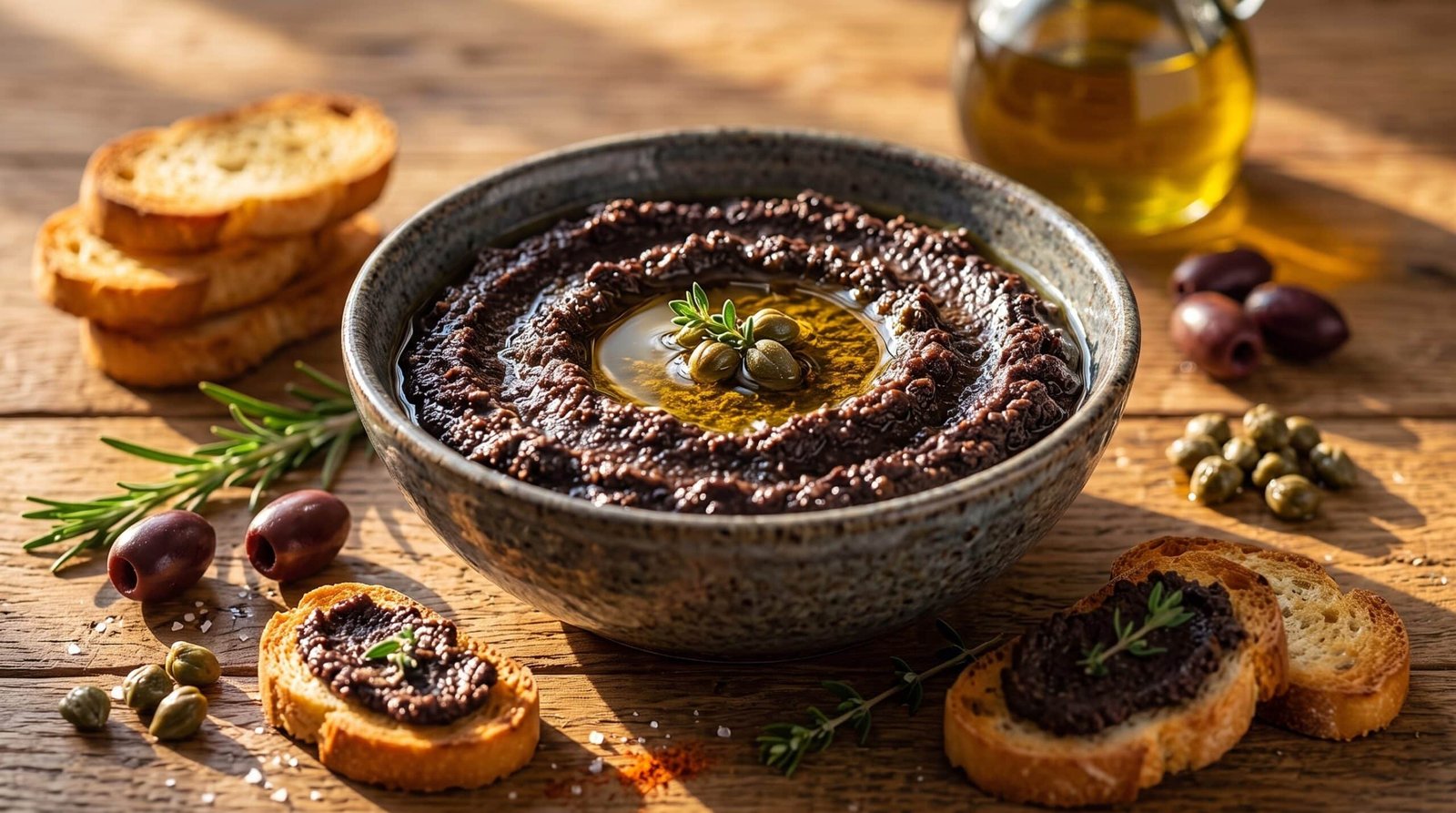 Un bol en céramique rempli de tapenade aux olives noires et à l'huile d'olive, accompagné de petits pains grillés sur une table en bois.