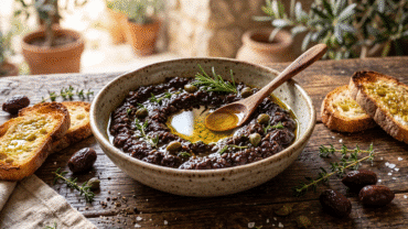 Un bol en céramique rempli de tapenade aux olives noires et à l'huile d'olive, accompagné de petits pains grillés sur une table en bois.