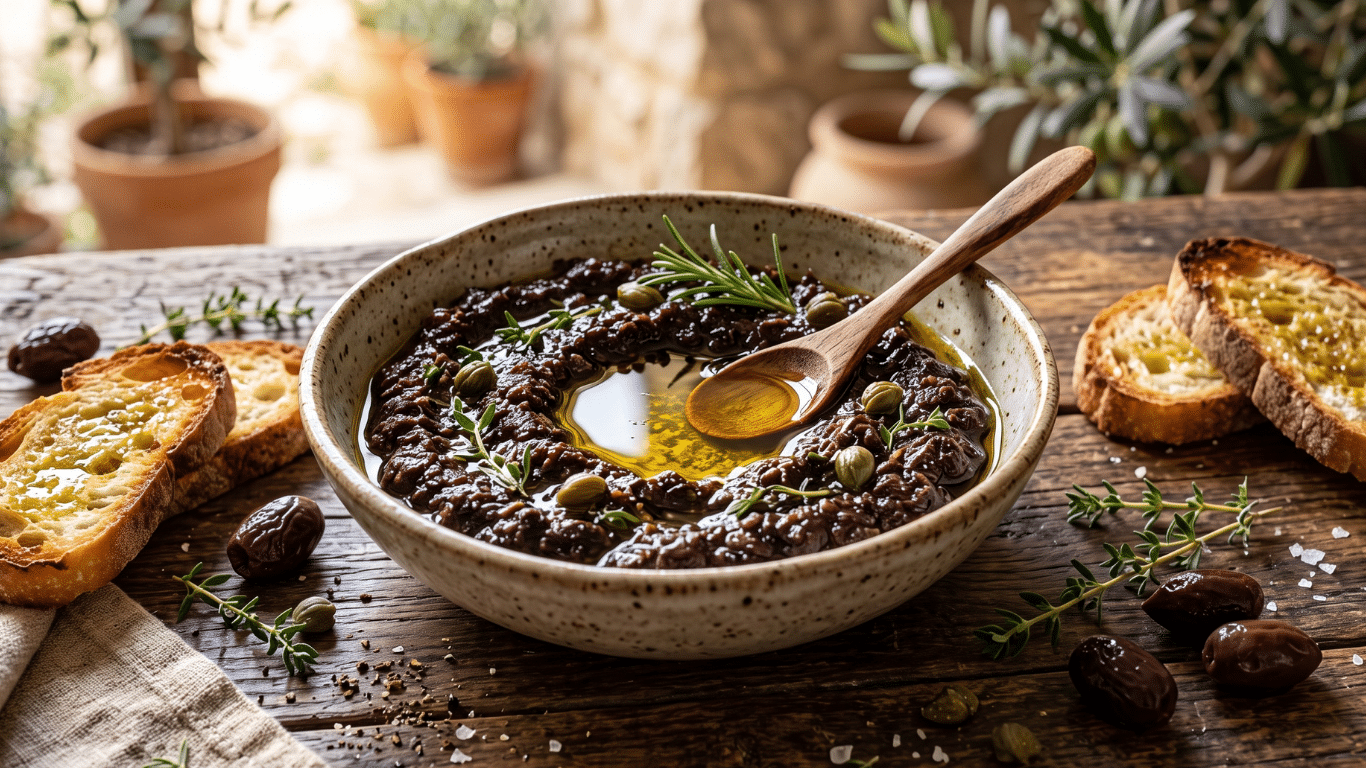 Un bol en céramique rempli de tapenade aux olives noires et à l'huile d'olive, accompagné de petits pains grillés sur une table en bois.