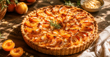 Une tarte estivale aux abricots rôtis, crème d'amande et brins de romarin, posée sur une table en bois rustique baignée de soleil.
