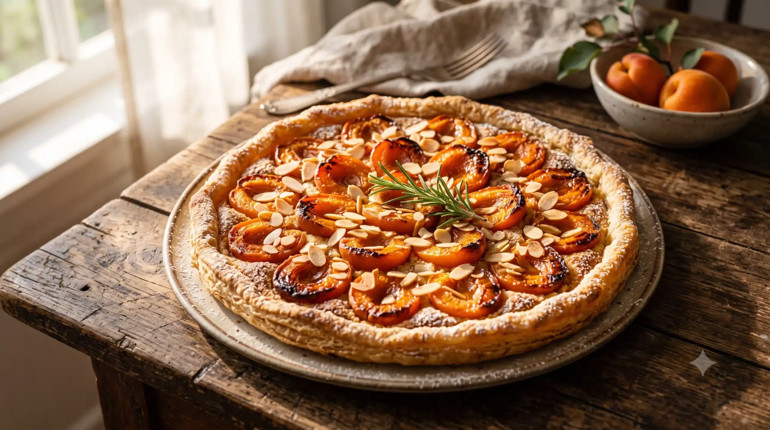 Une tarte estivale aux abricots rôtis, crème d'amande et brins de romarin, posée sur une table en bois rustique baignée de soleil.
