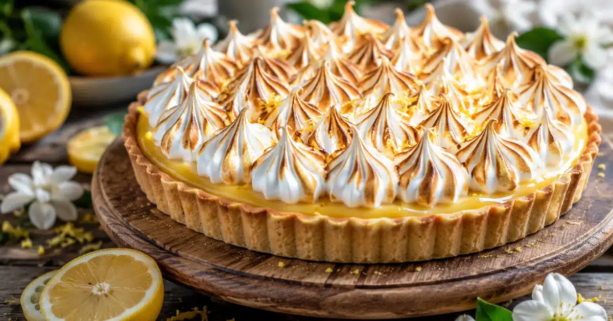 Une magnifique tarte au citron végétarienne surmontée d'une meringue italienne pochée en dômes et dorée au chalumeau, présentée sur un socle en bois.