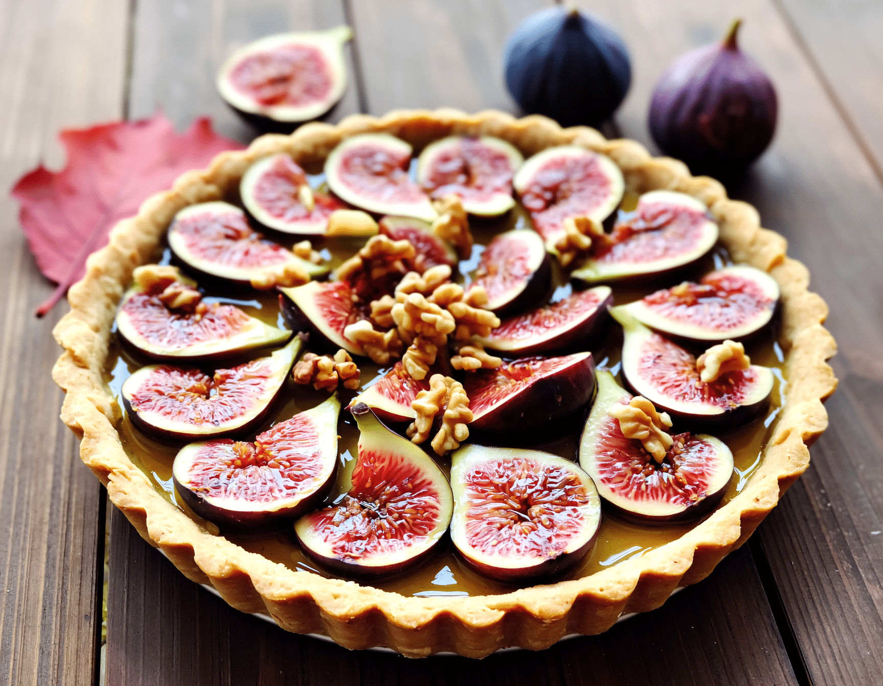 Une tarte aux figues fraîches violettes, rôtie sur crème d'amande et parsemée de noix, présentée sur une table en bois sombre avec une ambiance automnale.
