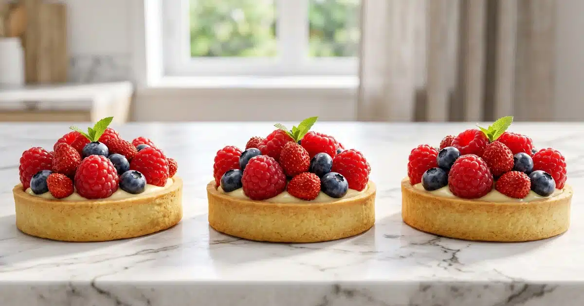 Trois tartelettes aux fruits rouges frais et brillants posées sur un plan de travail en marbre blanc.