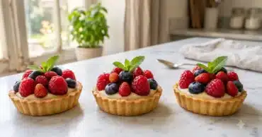 Trois tartelettes aux fruits rouges frais et brillants posées sur un plan de travail en marbre blanc.