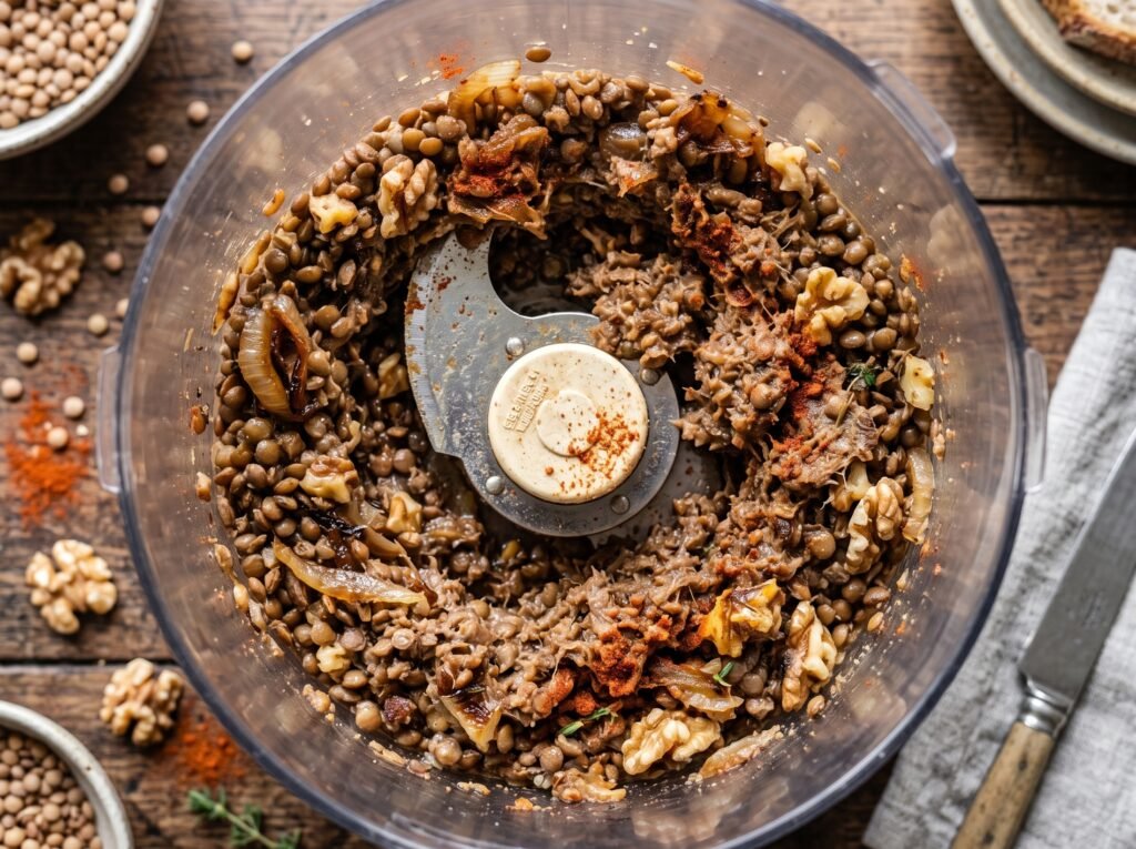 Vue de dessus des ingrédients des rillettes de lentilles dans un mixeur, montrant une texture hachée et fibreuse.