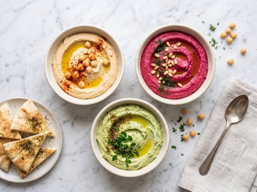 Trois bols de houmous de différentes couleurs : nature, rose à la betterave, et vert à l'avocat, vus de dessus.