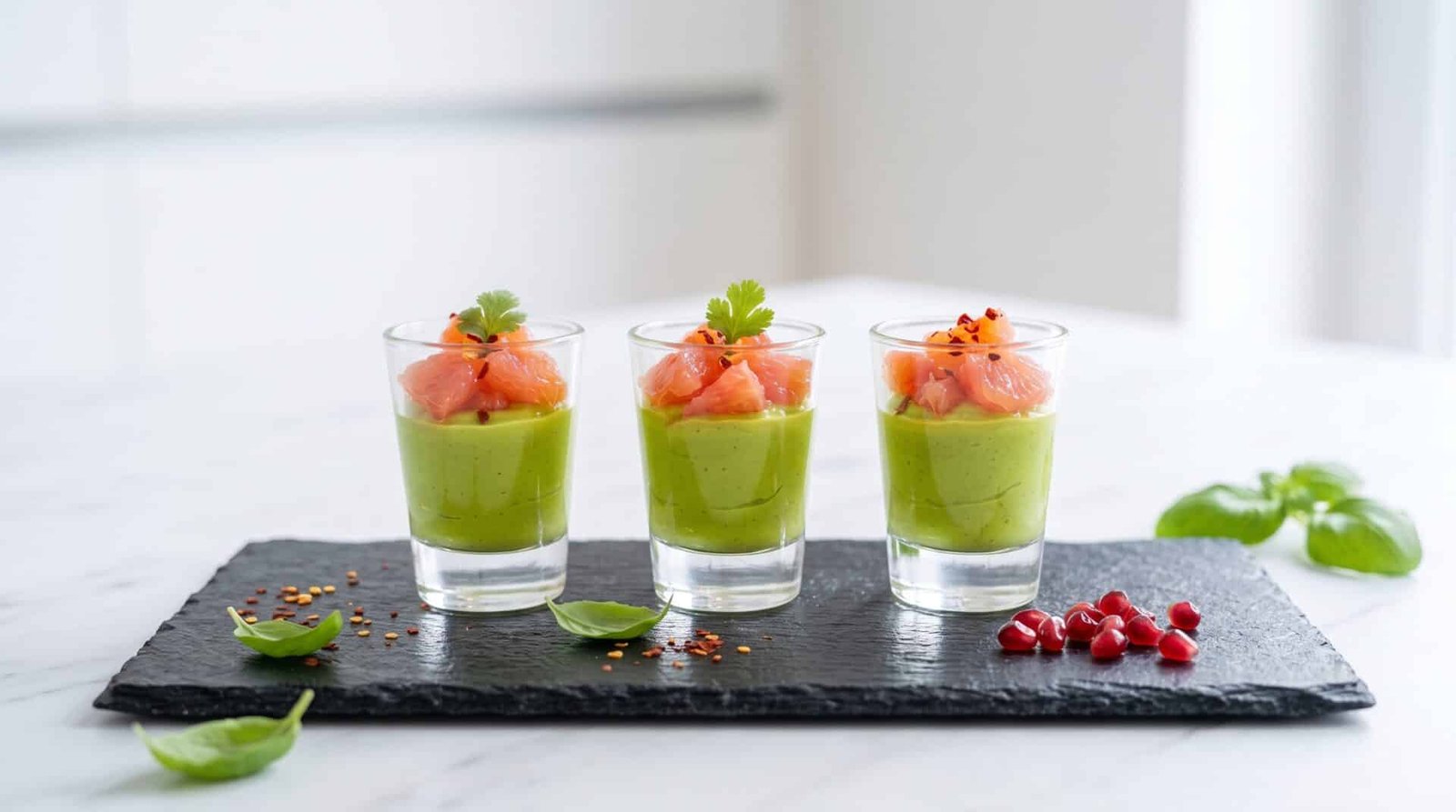 Trois petites verrines en verre contenant une mousse d'avocat verte surmontée de quartiers de pamplemousse rose et de coriandre fraîche.