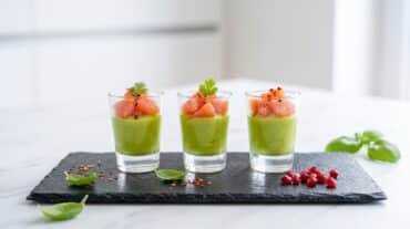 Trois petites verrines en verre contenant une mousse d'avocat verte surmontée de quartiers de pamplemousse rose et de coriandre fraîche.