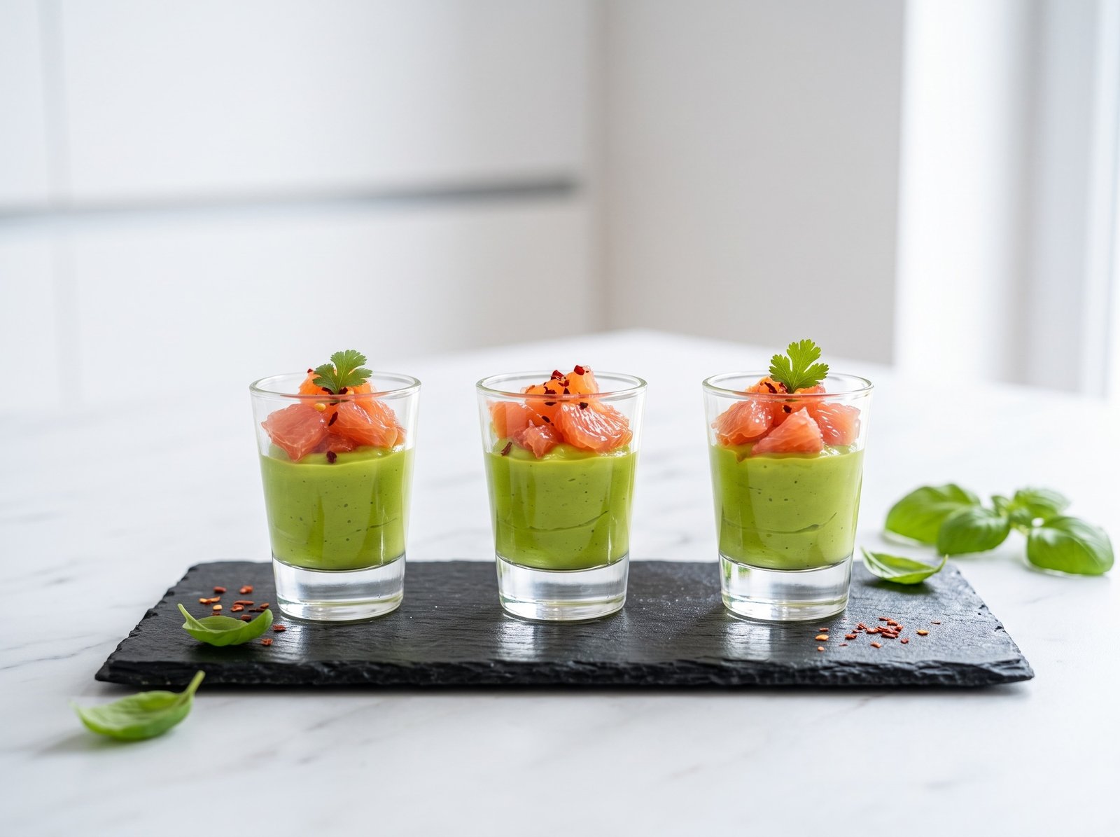 Trois petites verrines en verre contenant une mousse d'avocat verte surmontée de quartiers de pamplemousse rose et de coriandre fraîche.